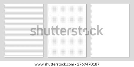 Straight lines grid dots and binder hole paper sheets vector set for school notebooks office stationery and digital planner template pages 