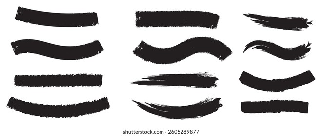 Straight lines of a marker or brush for highlighting and underlining. Black highlight marker lines, highlighters pen acid strokes. Underline brush or pen line for text, scribble permanent markers 