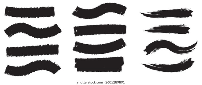 Straight lines of a marker or brush for highlighting and underlining. Black highlight marker lines, highlighters pen acid strokes. Underline brush or pen line for text, scribble permanent markers 
