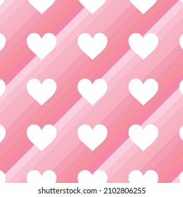 straight lines in shades of pink, white hearts on it. seamless vector background. modern pattern