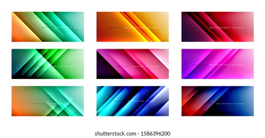 Gerade Linien mit Schatten und Licht auf Farbverlauf-Hintergründen. Set von trendigen, einfachen Farbverlauf-abstrakten Hintergründen mit dynamischem, gerade Schattenzeileneffekt. Vektorgrafiken für