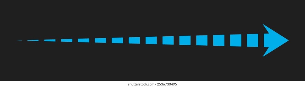 Seta longa reta. Ícone de seta tracejada azul. Símbolo para aplicativos e sites. Ilustração vetorial isolada no plano de fundo preto.