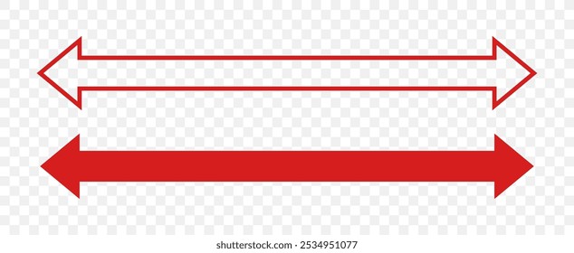 Straight Long Arrow. Dual double ended arrow. Navigation element. Vector flat illustration. Red pointing isolated on transparent background.