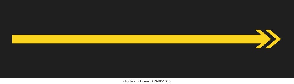 Straight Long Arrow. Horizontal pointer to the right. Navigation element. Vector illustration isolated on black background. Yellow simple symbol for measuring.