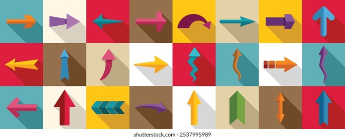 Straight long arrow icons set. Set of various colorful arrows pointing in different directions, representing concepts such as progress, direction, and movement