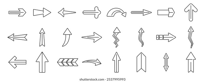 Conjunto de iconos de flecha larga recta. Conjunto de flechas de contorno que muestran diferentes direcciones, perfecto para indicar movimiento, progreso o elección