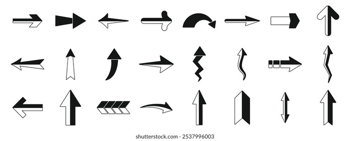 Conjunto de iconos de flecha larga recta. Conjunto de diferentes iconos de flecha que indican varias direcciones, perfecto para resaltar el movimiento, el progreso o la elección