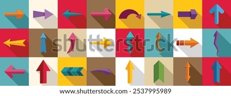 Straight long arrow icons set. Set of various colorful arrows pointing in different directions, representing concepts such as progress, direction, and movement