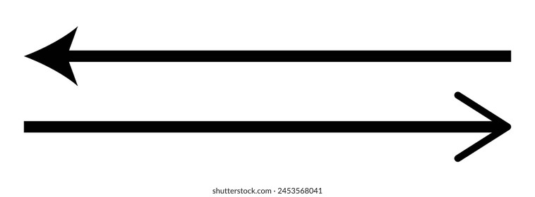 Straight long arrow, left thin line, black cursor, horizontal element, thick pointer vector icon isolated on  background. Simple illustration .