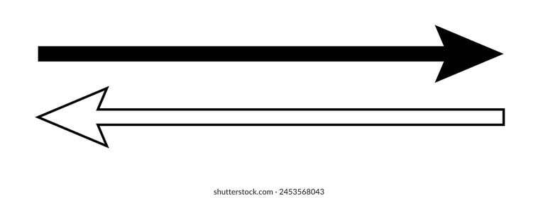Straight long arrow, left thin line, black cursor, horizontal element, thick pointer vector icon isolated on  background. Simple illustration .