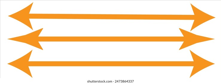 Straight long arrow, left thin line, Orange cursor, horizontal element, thick pointer vector icon isolated on white background. Simple illustration