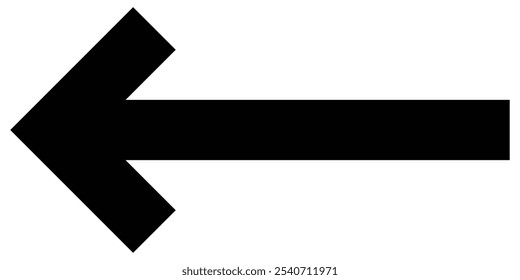 Straight long arrow, left thin line, black cursor, horizontal element, thick pointer vector icon isolated on white background. Simple illustration.