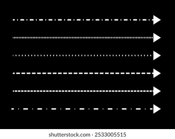 Straight Long Arrow. Navigation elements. Vector flat illustration. Set of white dashed pointers isolated on black background. Simple symbols for measuring.
