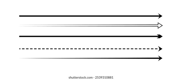 Straight Long Arrow. Navigation elements. Vector flat illustration. Set of black pointers isolated on white background. Simple symbols for measuring.