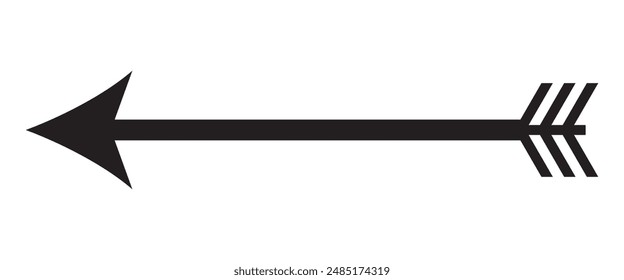 Straight long arrow pointing to the left, black cursor, horizontal element, thick pointer vector icon isolated on white background. Simple illustration.