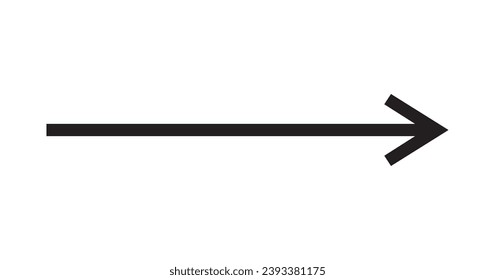 Straight long arrow, right thin line, black cursor, horizontal element, thick pointer vector icon isolated on white background. Simple illustration