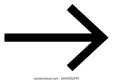 Straight long arrow, right thin line, black cursor, horizontal element, thick pointer vector icon isolated on white background.