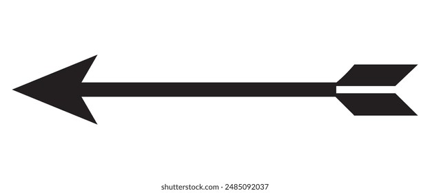Straight long arrow vector icon pointing left, black cursor, horizontal element, thick pointer vector icon isolated on white background. Simple illustration.