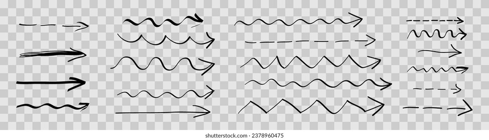 Straight long arrow Vector set of drawn arrows Collection of pointers Doodle style sketch Curved arrows with a solid line Isolated on white background