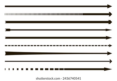 Straight long arrows pointing to the right. Vector black thick, thin and dashed line arrow glyphs with bold arrowheads. Isolated oblong pictograms for orientation and navigation, moving forward signs