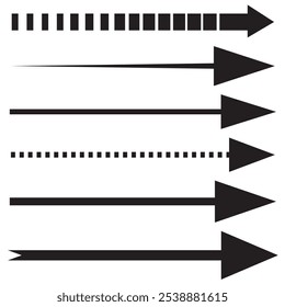 Straight long arrows pointing to the right.  Isolated black thin, thick, and squiggle, dotted and dashed line arrows pointing to the right. Set of black arrow pointing up. Arrows design element. 
