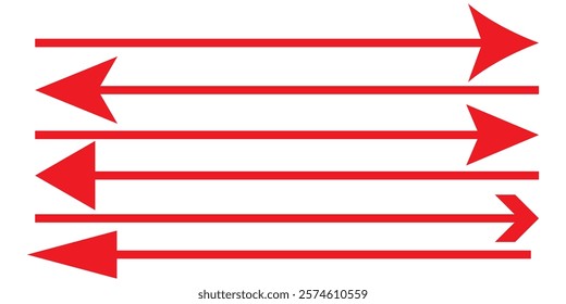 Straight long arrows pointing to the right. Vector black thick, thin and dashed line arrow glyphs with bold arrowheads. Isolated oblong pictograms for orientation and navigation, moving forward signs