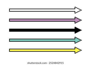 Straight long arrows set in pixel art style. Direction arrow sign collection. Vector elements. Simple geometric shape. Set of y2k pixel icons. Game abstract elements. Editable perfect pixel vector
