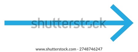 Straight long blue arrow pointing to the right. Horizontal large arrow pointing forward. Long arrow icon isolated on white backgroun.