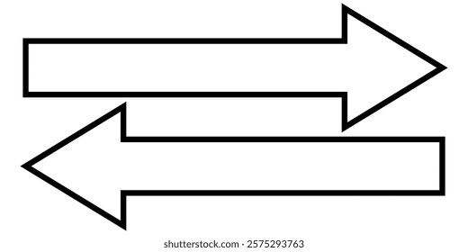 Straight long double vector arrow. Horizontal long straight arrow with two left and right pointers. Black width symbol. Arrow pointing. Vector set of trendy long arrows left and right in flat style. 