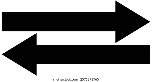 Straight long double vector arrow. Horizontal long straight arrow with two left and right pointers. Black width symbol. Arrow pointing. Vector set of trendy long arrows left and right in flat style. 