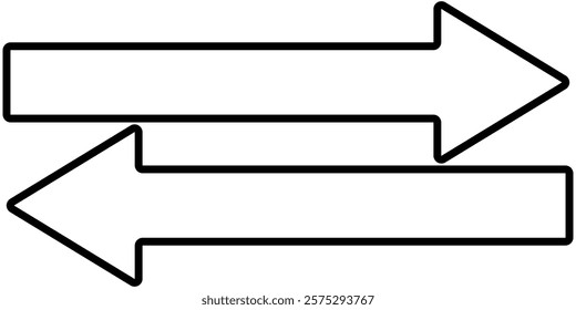 Straight long double vector arrow. Horizontal long straight arrow with two left and right pointers. Black width symbol. Arrow pointing. Vector set of trendy long arrows left and right in flat style. 