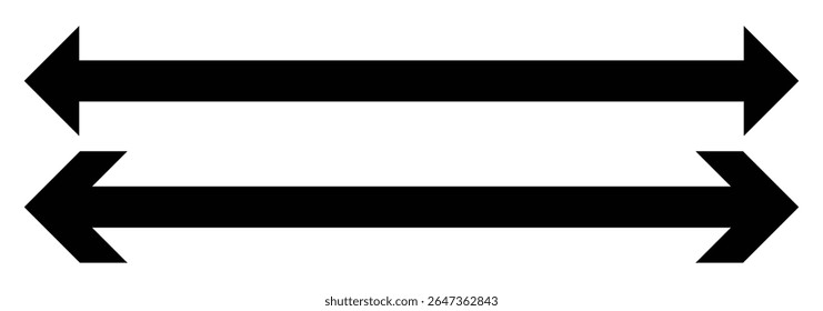 Straight long double vector arrow. Horizontal long straight arrow with two left and right pointers. Dual sided arrow vector icon. Vector illustration. 