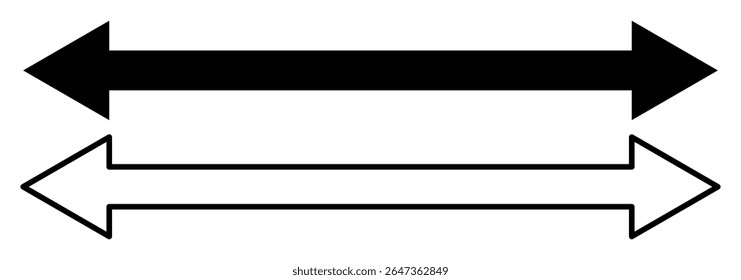 Straight long double vector arrow. Horizontal long straight arrow with two left and right pointers. Dual sided arrow vector icon. Vector illustration. 