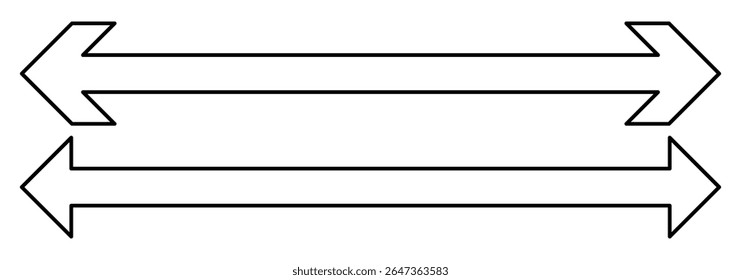 Straight long double vector arrow. Dual sided arrow vector. Horizontal long straight arrow with two left and right pointers. Double arrow icon set. two side arrows icon vector. Vector illustration.