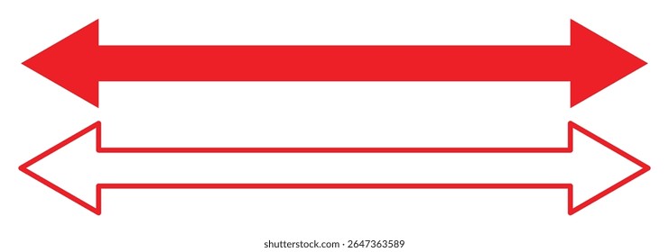 Straight long double vector arrow. Dual sided arrow vector. Horizontal long straight arrow with two left and right pointers. Double arrow icon set. two side arrows icon vector. Vector illustration.