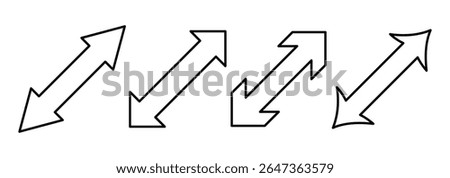 Straight long double vector arrow. Dual sided arrow vector. Horizontal long straight arrow with two left and right pointers. Double arrow icon set. two side arrows icon vector. Vector illustration.