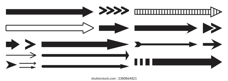 Straight long horizontal arrow set. Vector illustration flat style. Isolated on white background.
