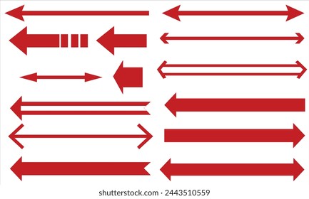 Straight long horizontal arrow set. Red colour shape isolated on white background. Vector illustration flat style. arrow vector.