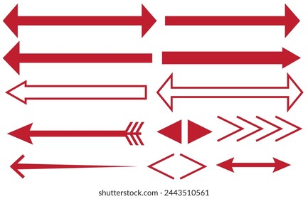 Straight long horizontal arrow set. Red colour shape isolated on white background. Vector illustration flat style. arrow vector.