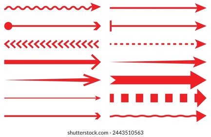 Straight long horizontal arrow set. Red colour shape isolated on white background. Vector illustration flat style. arrow vector.