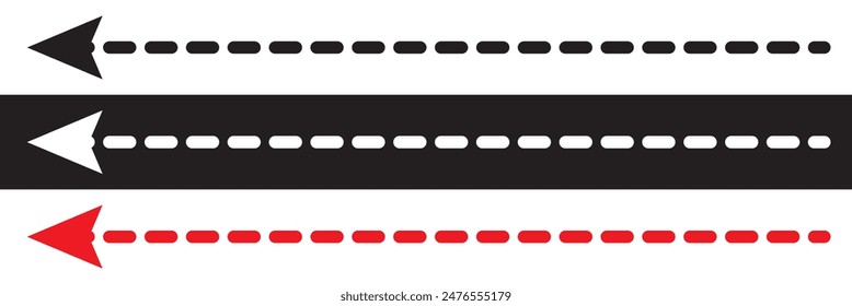 Straight long vector arrow icon. Long dashed arrow icon.  isolated on white and black background. EPS 10