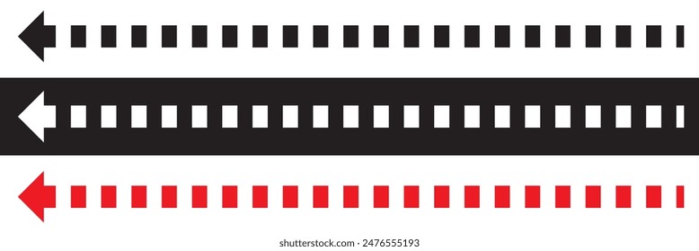 Straight long vector arrow icon. Long dashed arrow icon.  isolated on white and black background. EPS 10