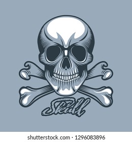 Straight looking skull with bones and inscription. Monochromatic tattoo style.