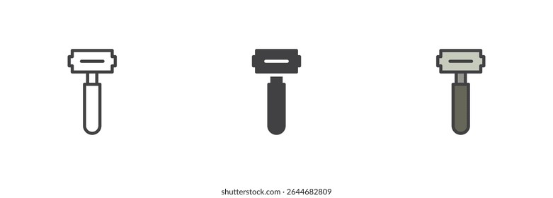 Ícone de navalha manual reto em três estilos: contorno, glifo sólido e contorno preenchido colorido. Clássico barbeador ícone ferramenta de barbear para grooming e símbolo de higiene.