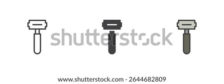 Straight manual razor icon in three styles: outline, solid glyph, and colorful filled outline. Classic barber shaving tool icon for grooming and hygiene symbol.