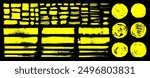 Straight marker line vector strokes. Yellow hand drawn stripes, circles. Text highlighter pen marker, brush, underlines strokes. Rough grunge thick paint line texture. Vector grungy sketch text boxes