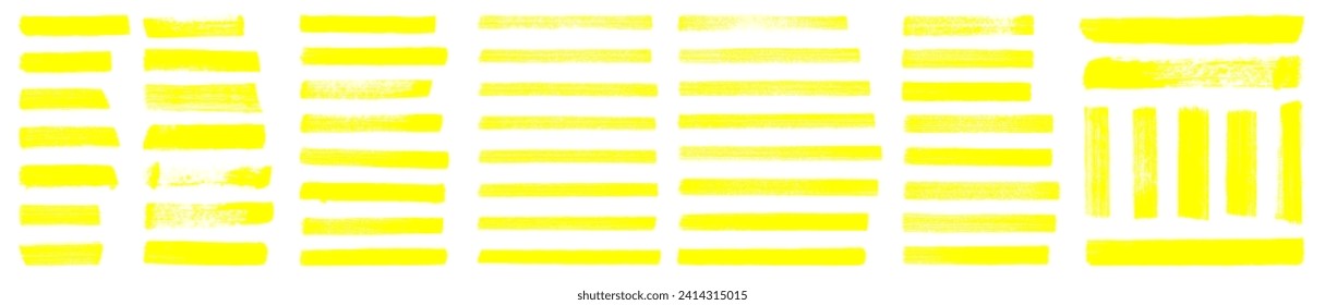 Straight marker line vector strokes. Yellow hand drawn stripes.Text highlighter pen, marker, brush, underlines strokes set. Rough grunge thick paint line texture. Vector sketch rectangle text boxes