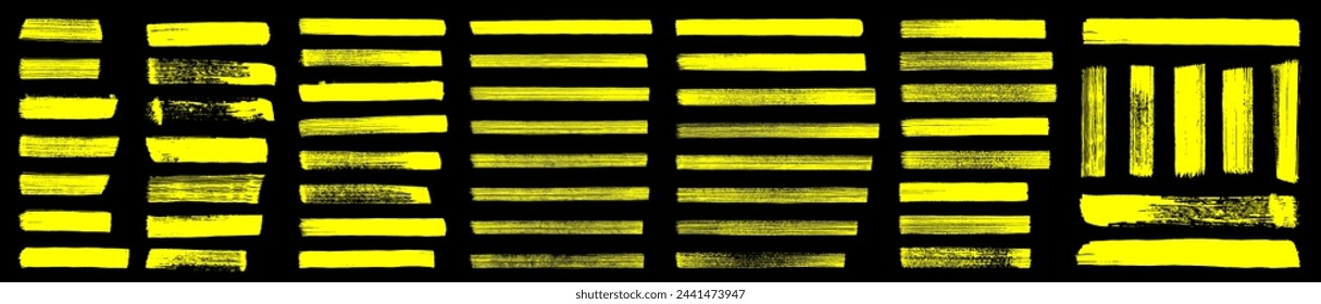 Straight marker line vector strokes. Yellow hand drawn stripes.Text highlighter pen, marker, brush, underlines strokes set. Rough grunge thick paint line texture. Vector sketch rectangle text boxes