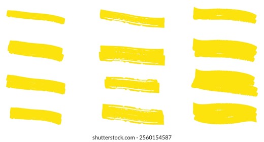 Straight marker line vector strokes. Yellow hand drawn stripes. Text highlighter pen, marker, brush, underlines strokes set.