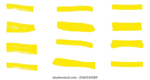 Straight marker line vector strokes. Yellow hand drawn stripes. Text highlighter pen, marker, brush, underlines strokes set.
